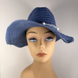 Blue Raffia Fedora Sun Hat Beaded Wide Brim Beach Resort Boho 8 Inch Womens